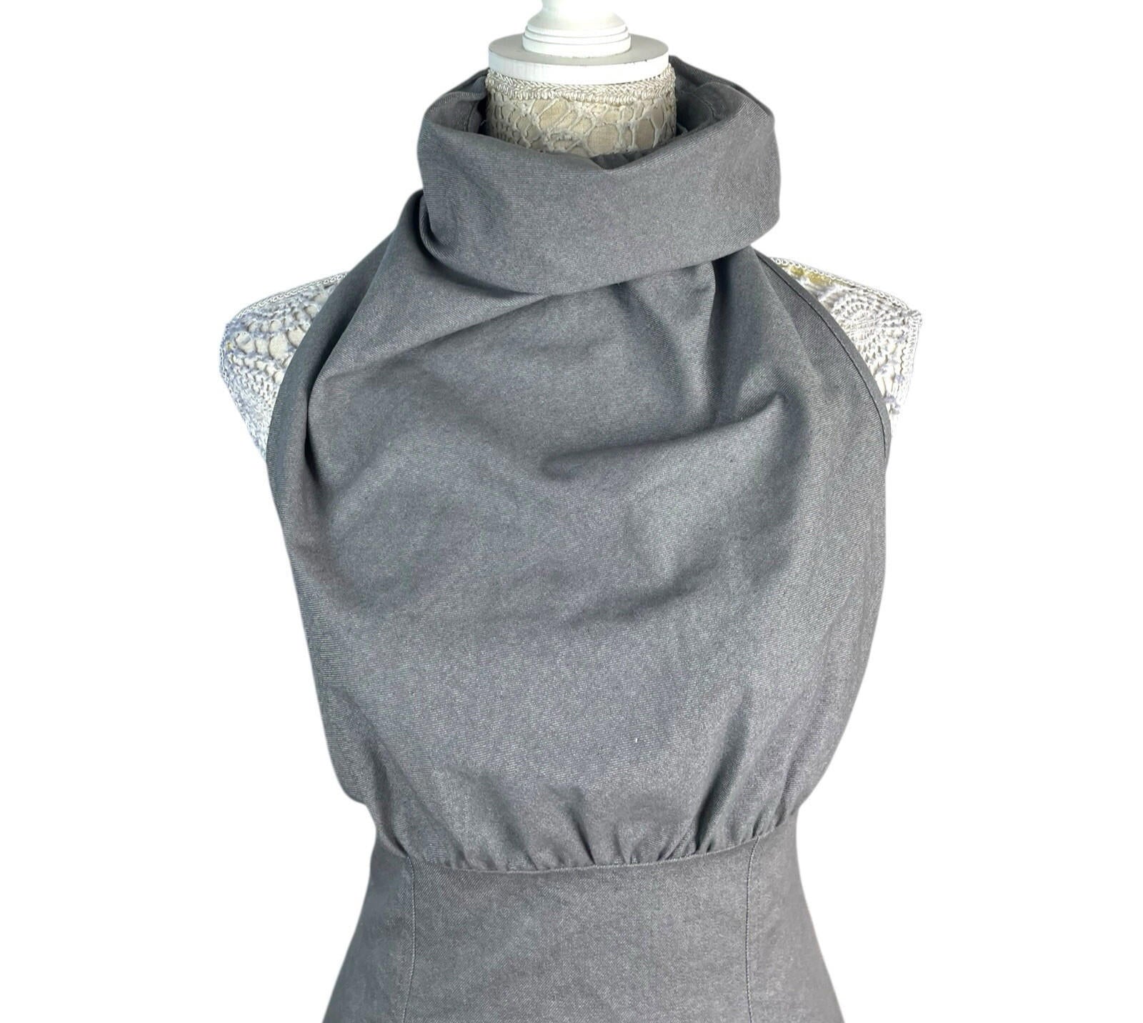 Pretty Little Thing Midi Dress Grey Denim Backless Feather Hem Women’s UK Size 8
