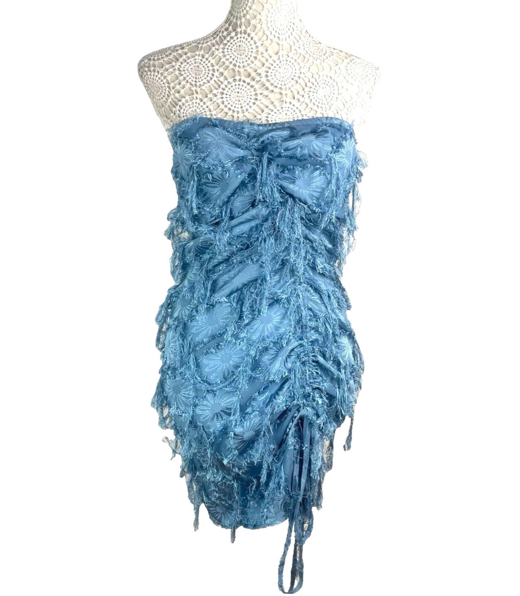Pretty Little Thing Blue Faux Feather Off Shoulder Mini Dress Women’s UK Size 8