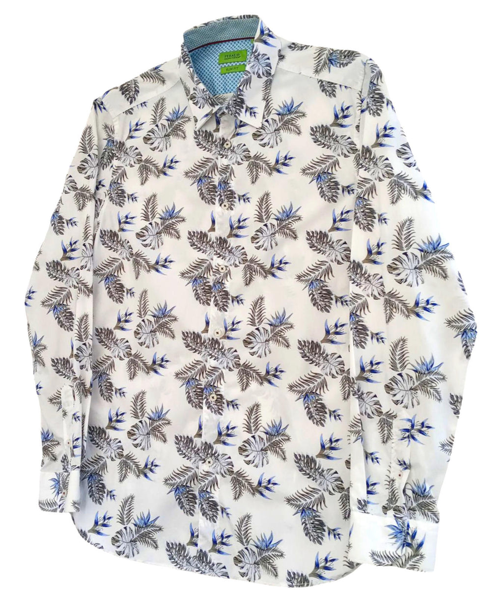Feraud Shirt Long Sleeve Leaf Design White 100% Cotton Men's UK Size Medium M