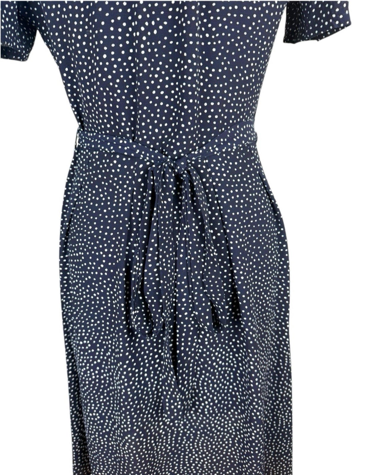 OST London Polka Dot Wrap Dress Women’s UK Size XS Navy Blue Belted Midi