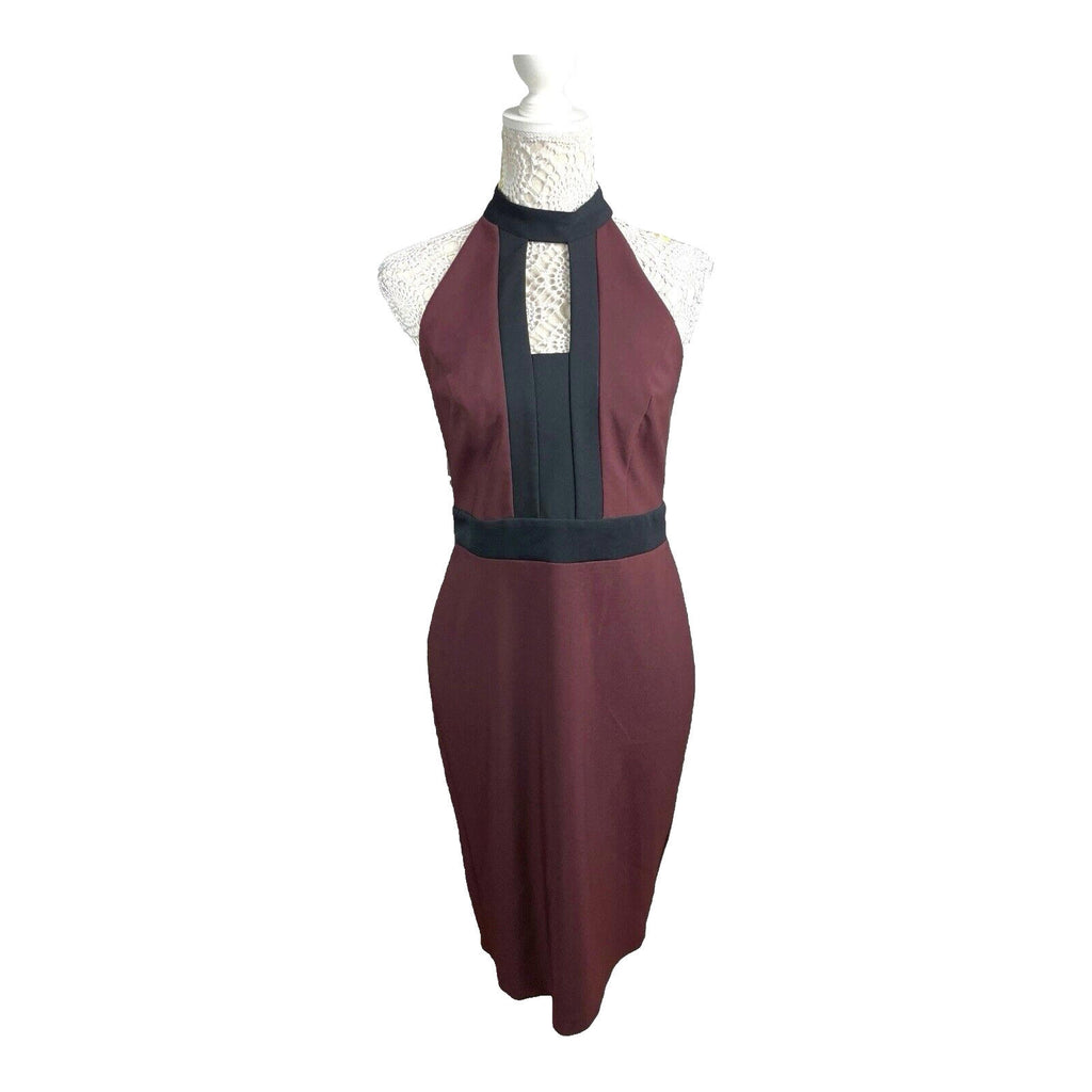 River Island Burgandy Midi Dress Bodycon Black Trim Women’s UK Size 12