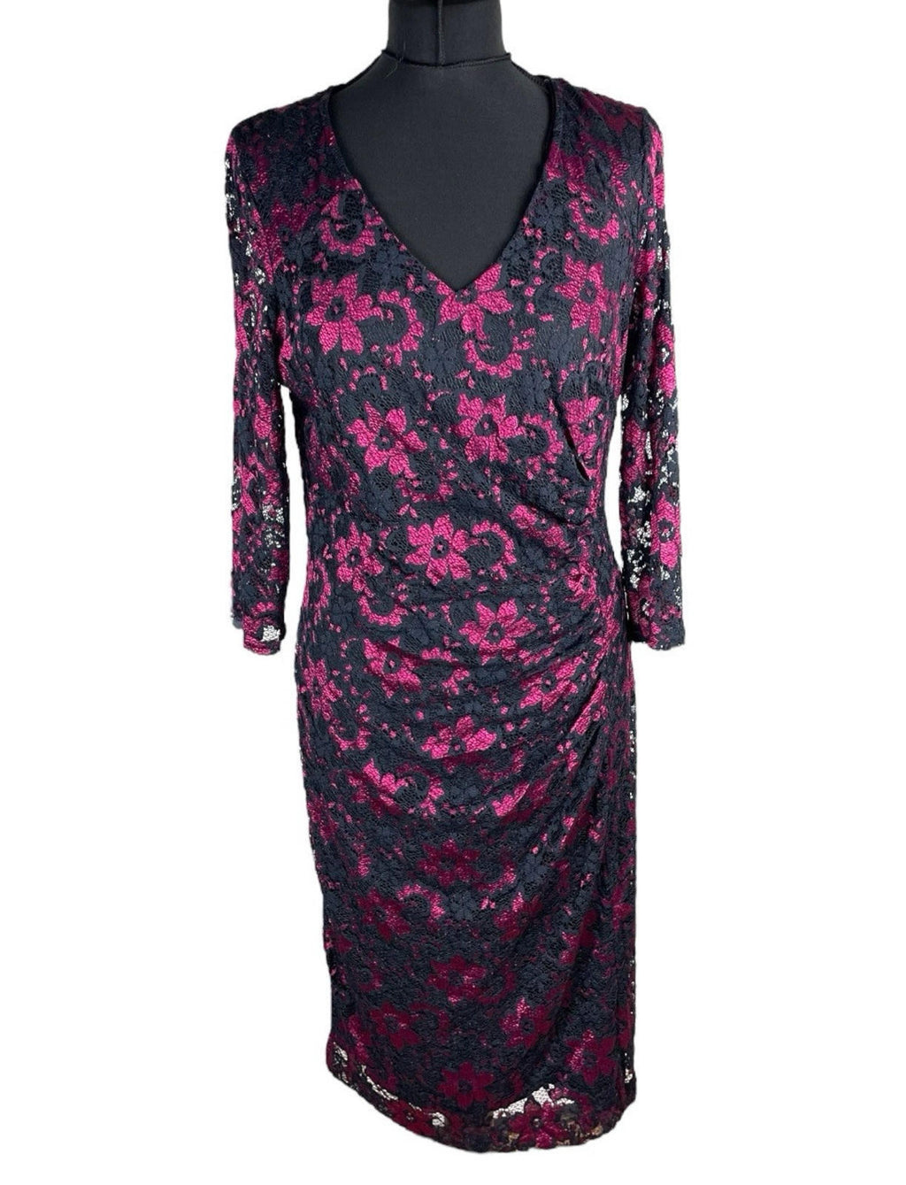 Roman Midi Dress Women’s UK Size 14 Pink & Black Floral Lace Long Sleeve Formal