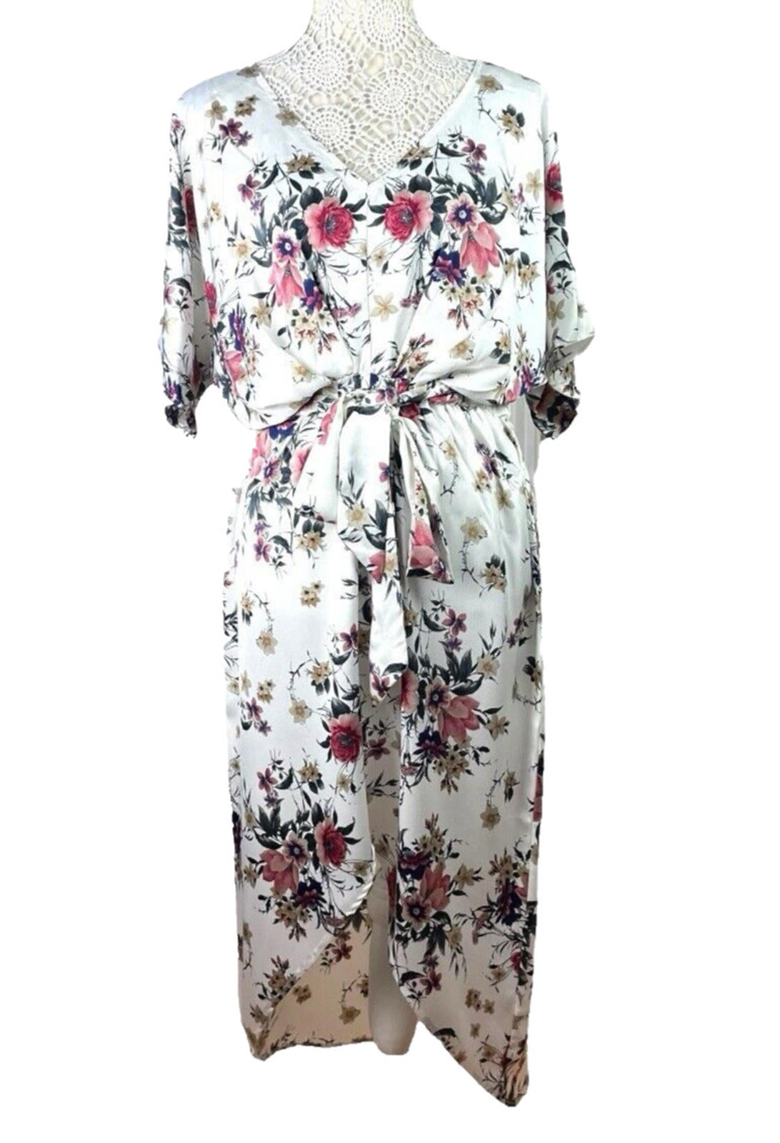 Yoins White Floral Maxi Dress Satin Effect Belted Women’s UK Size M (10-12)