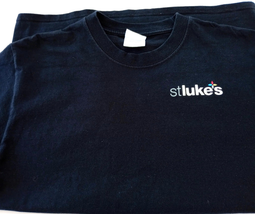 St Luke's Print T-Shirt Women's UK Size M Black Crew Neck Cotton Double Sided