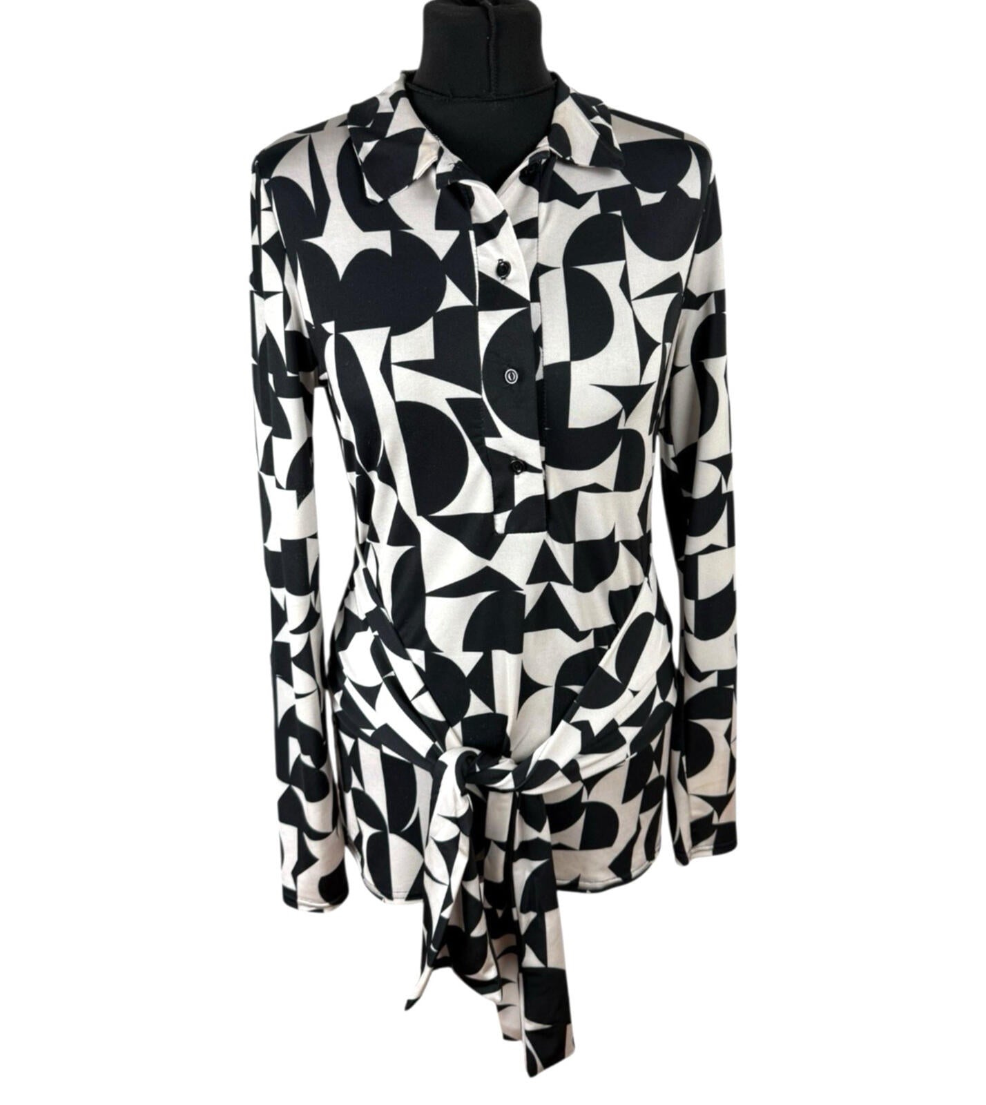 River Island Blouse Women’s UK Size 10 Black White Graphic Print Belted Collared
