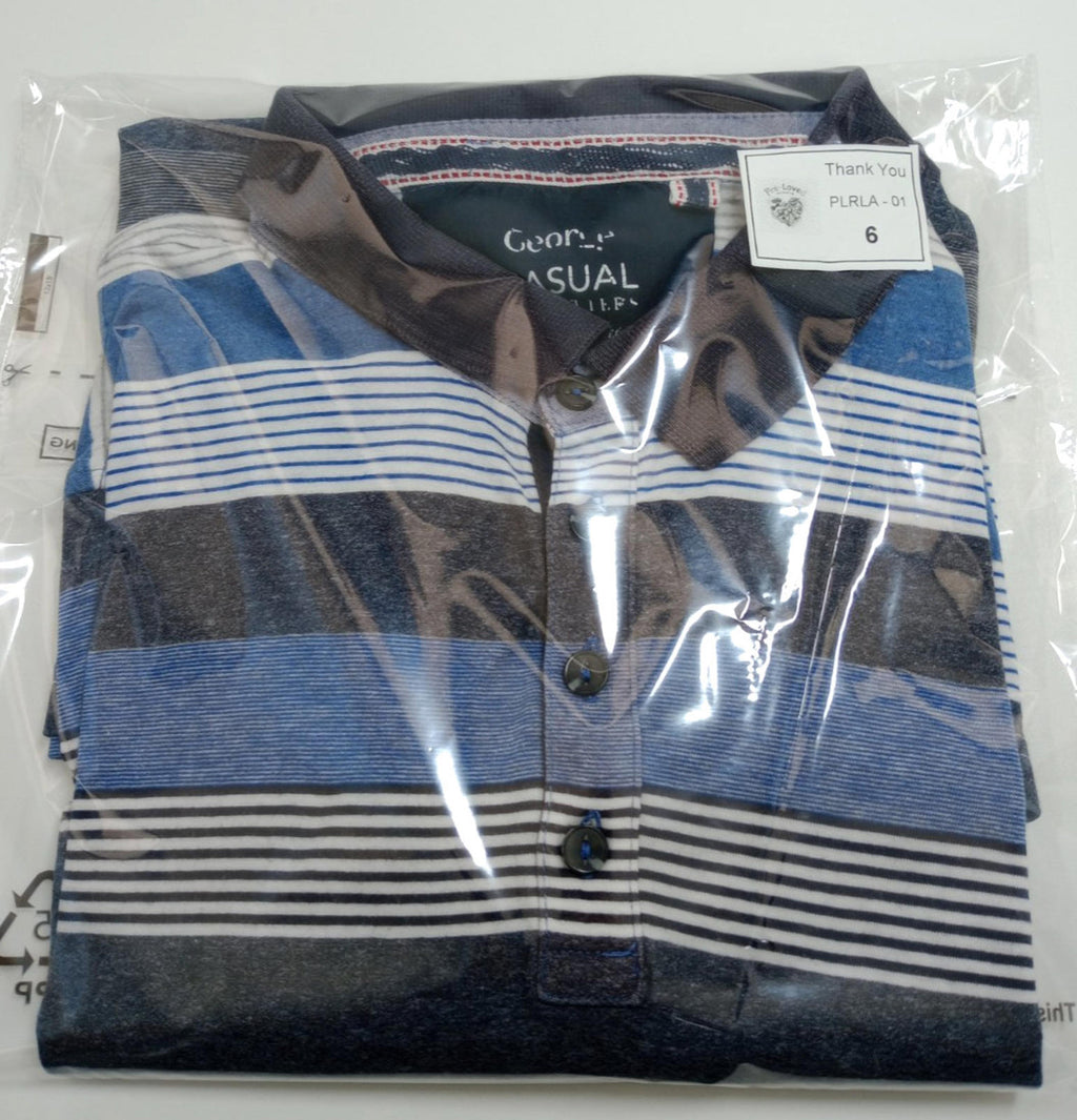 George Polo Shirt Men's UK Size M Blue Stripe Short Sleeve 100% Cotton Easy Care