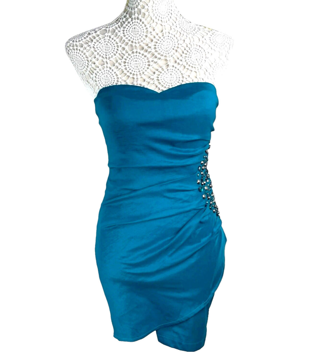 AX Paris Mini Dress Turquoise Ruched Off Shoulder Embellished Women’s UK Size 8