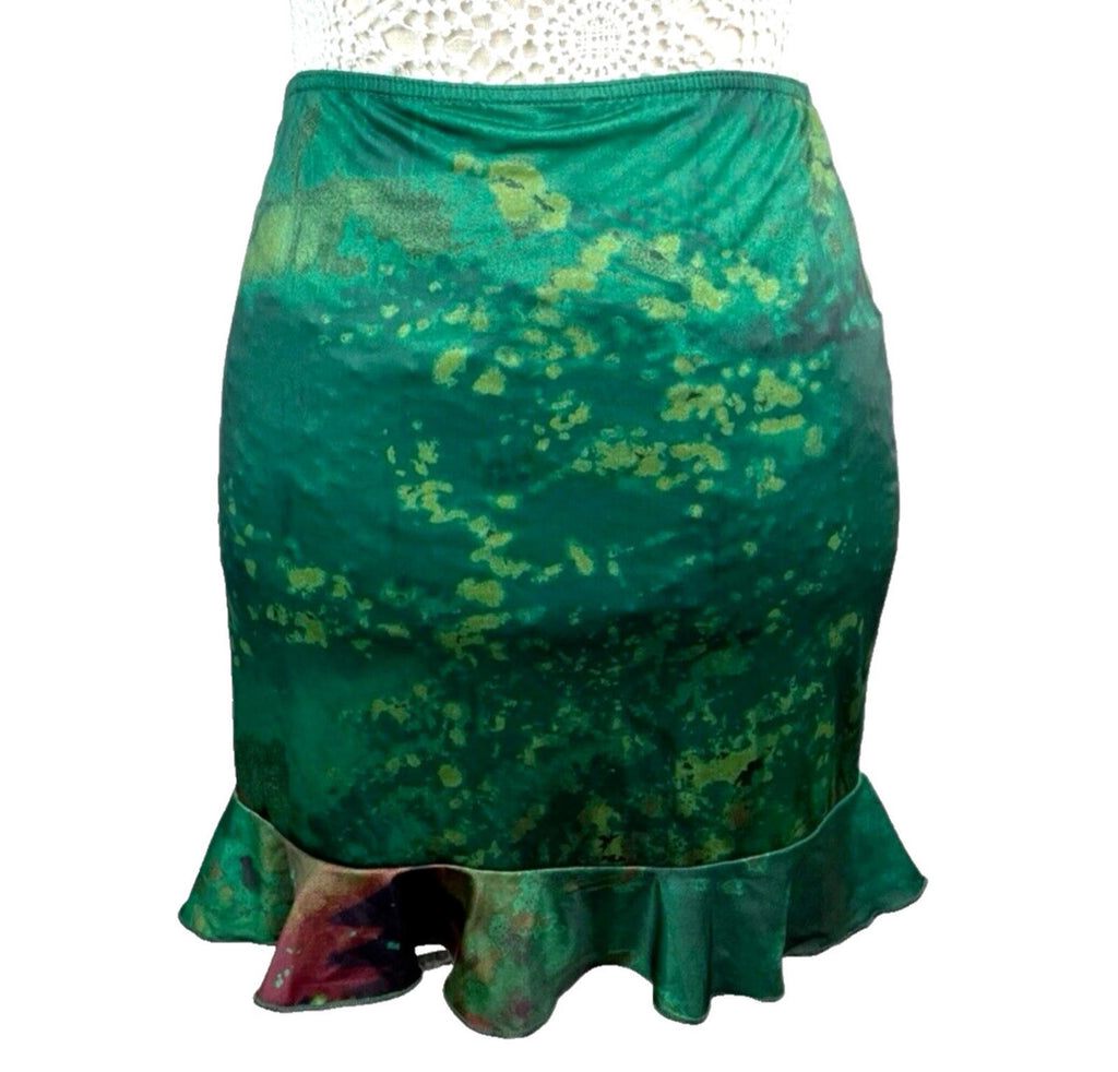 Manor Mini Skirt Dark Green Satin High Waist Frilled Hem Women’s UK Size 8