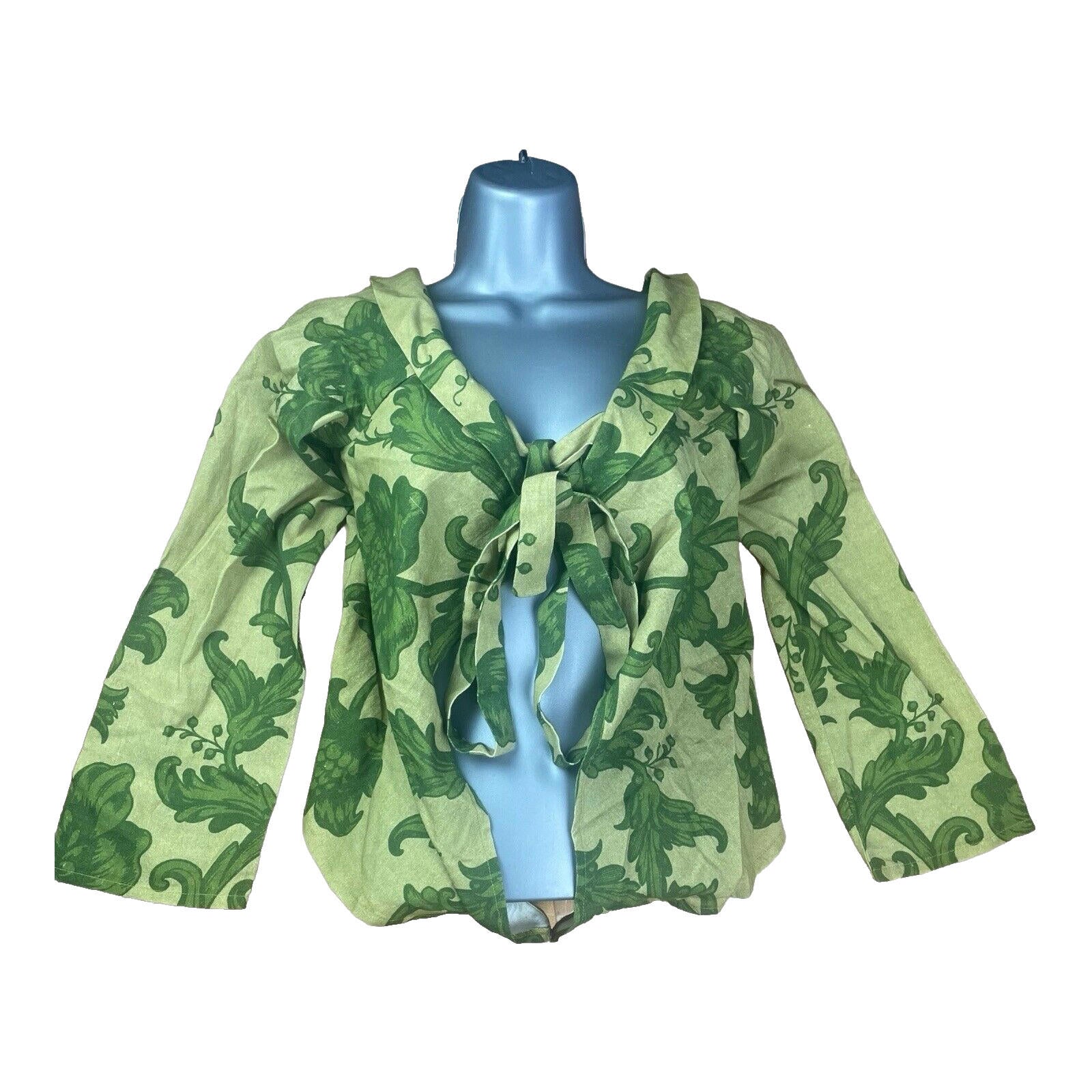 Floral Skirt & Tie Front Top Co-Ord Women’s UK Size S Green Long Sleeve Linen