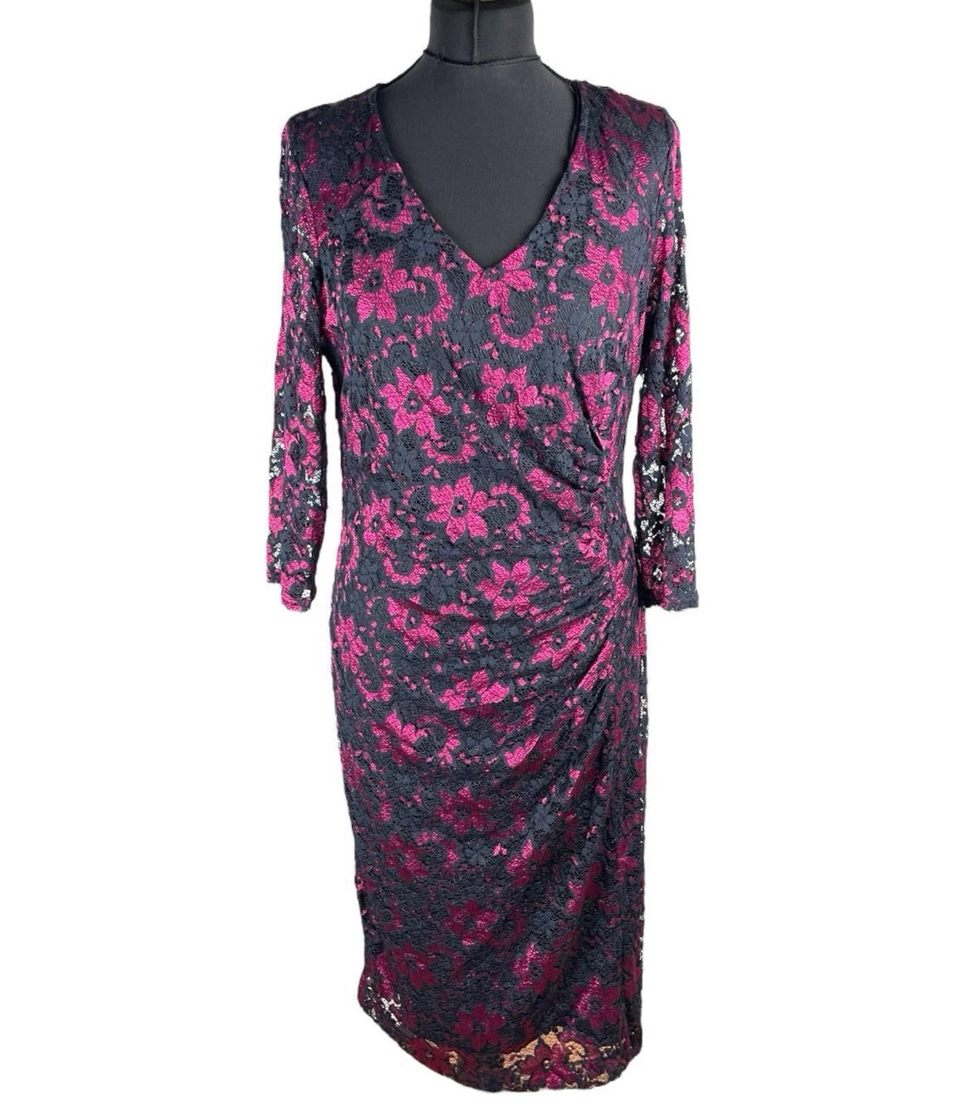 Roman Midi Dress Women’s UK Size 14 Pink & Black Floral Lace Long Sleeve Formal