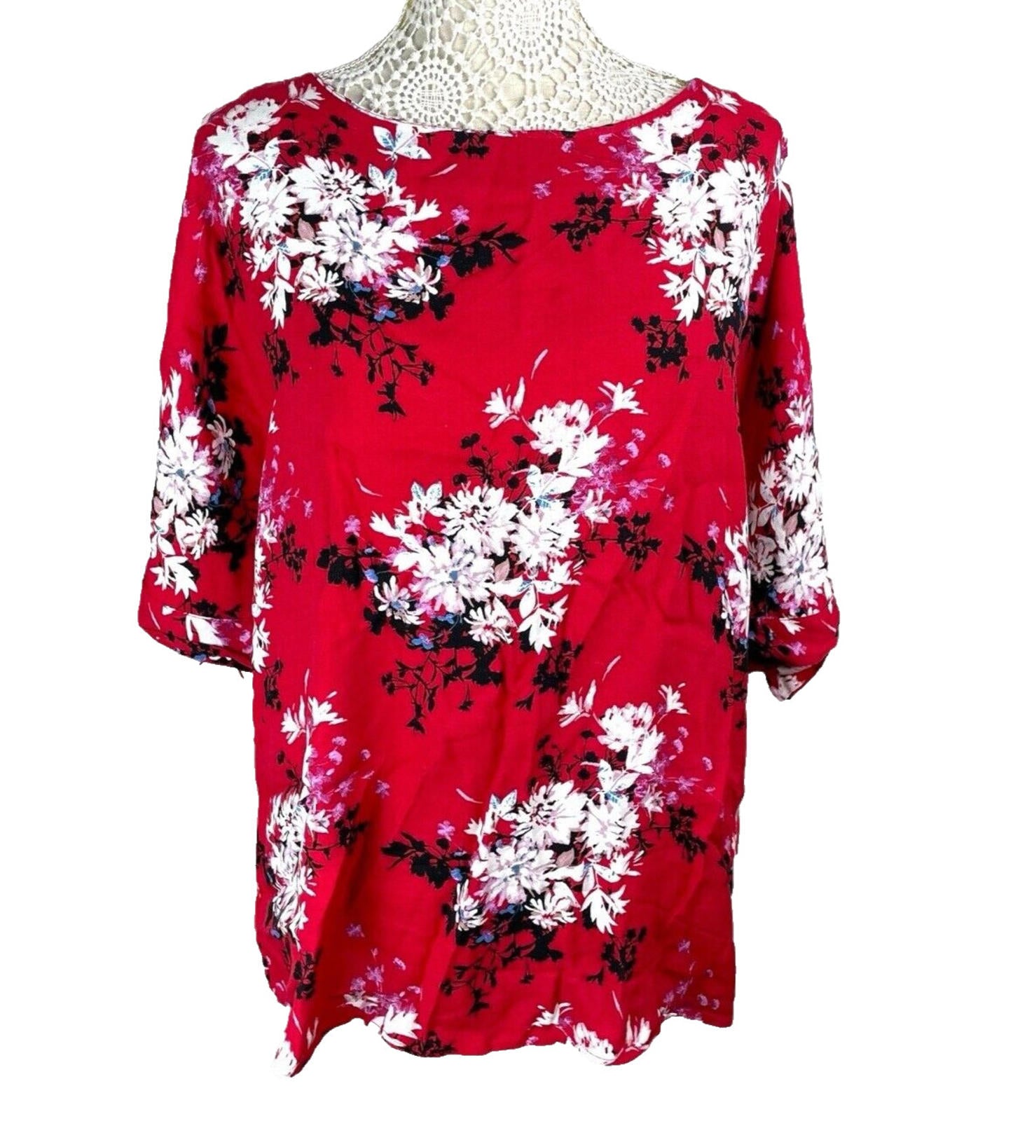 Bon Marche Blouse Women's UK Size 18 Red Floral 3/4 Sleeve Chiffon Summer Top