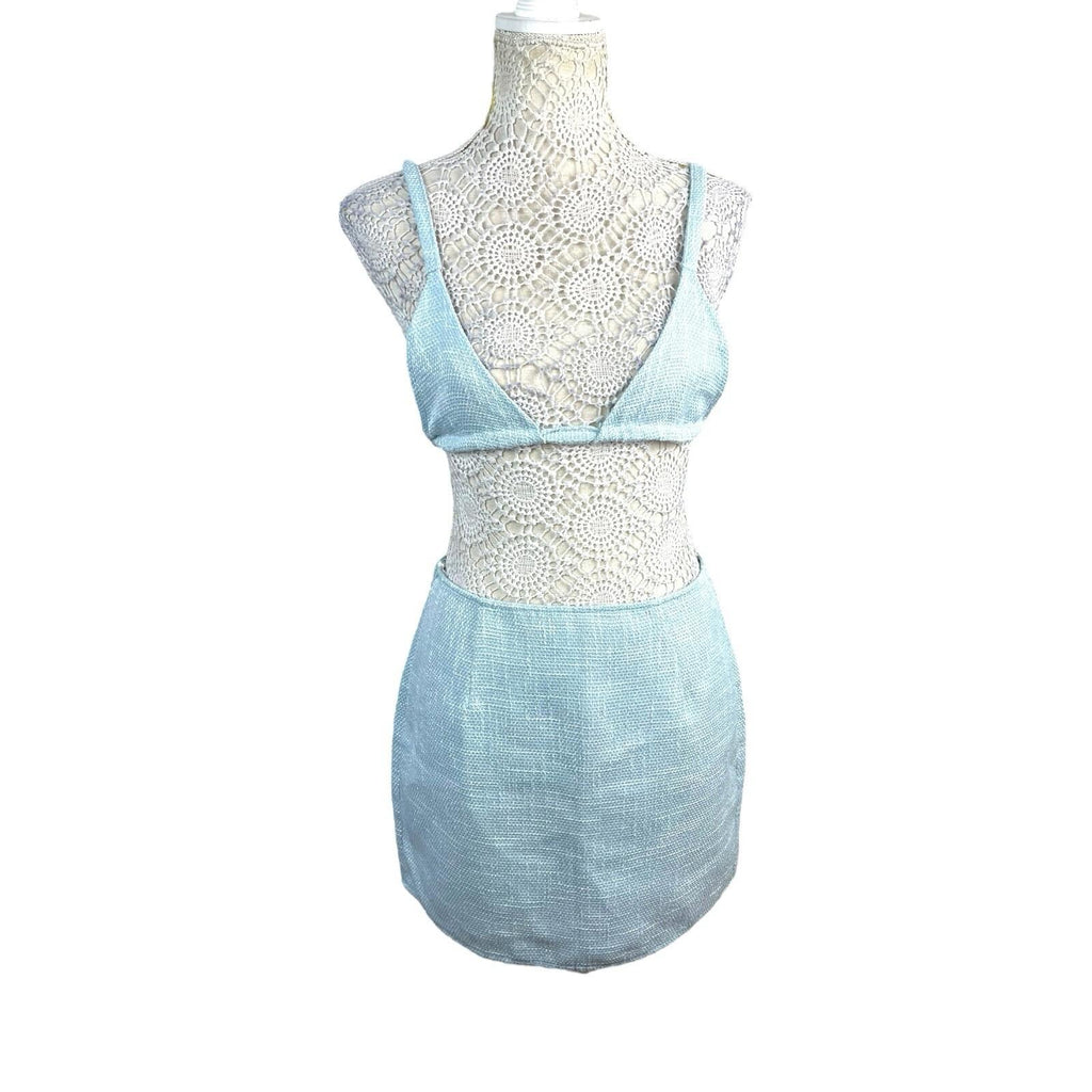 Pretty Little Thing Crop Top & Skirt Co-ord Women’s UK Size 8 Blue Linen Look