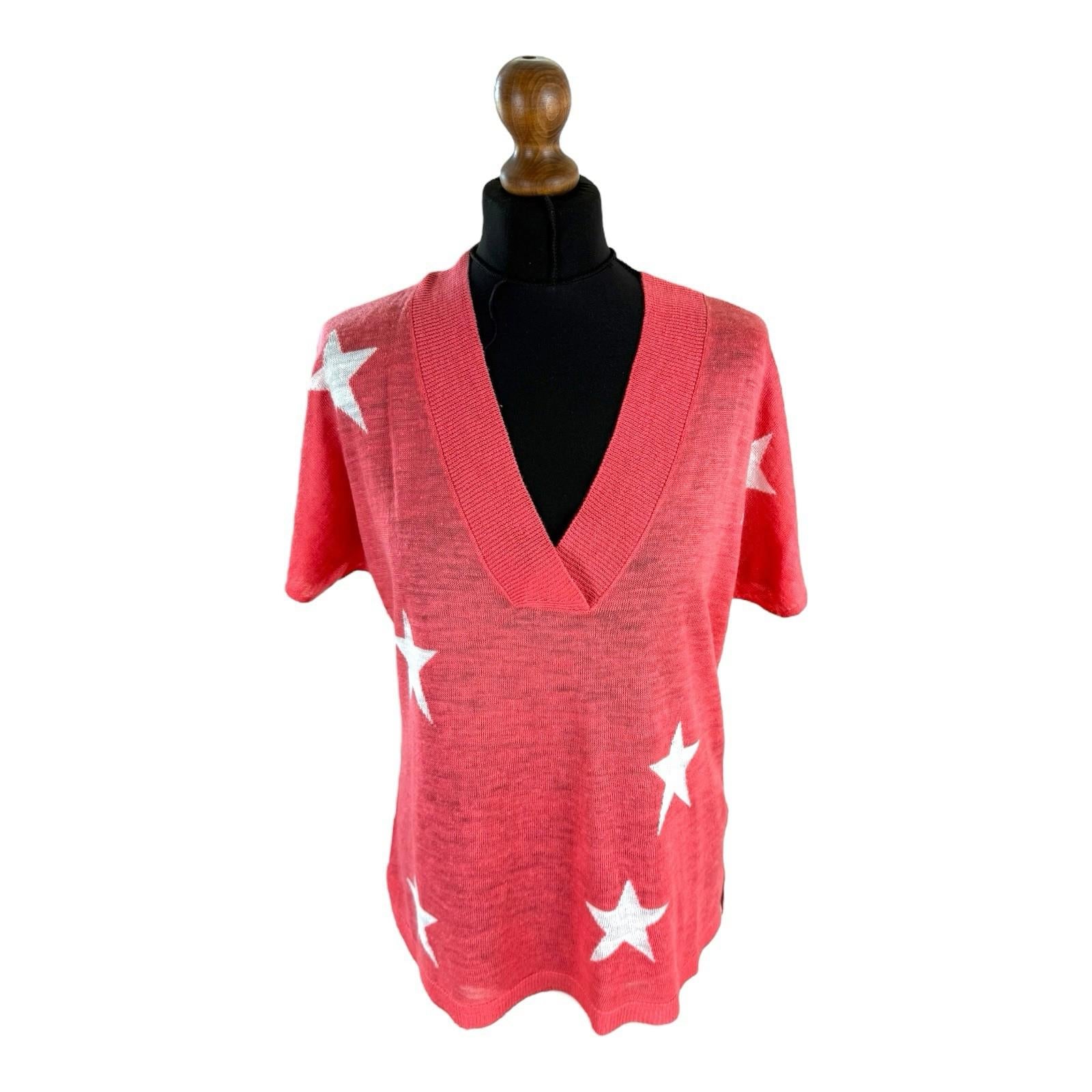 Next Coral Star Pink Knit T-Shirt Top Women’s UK Size S Lightweight V-Neck Linen