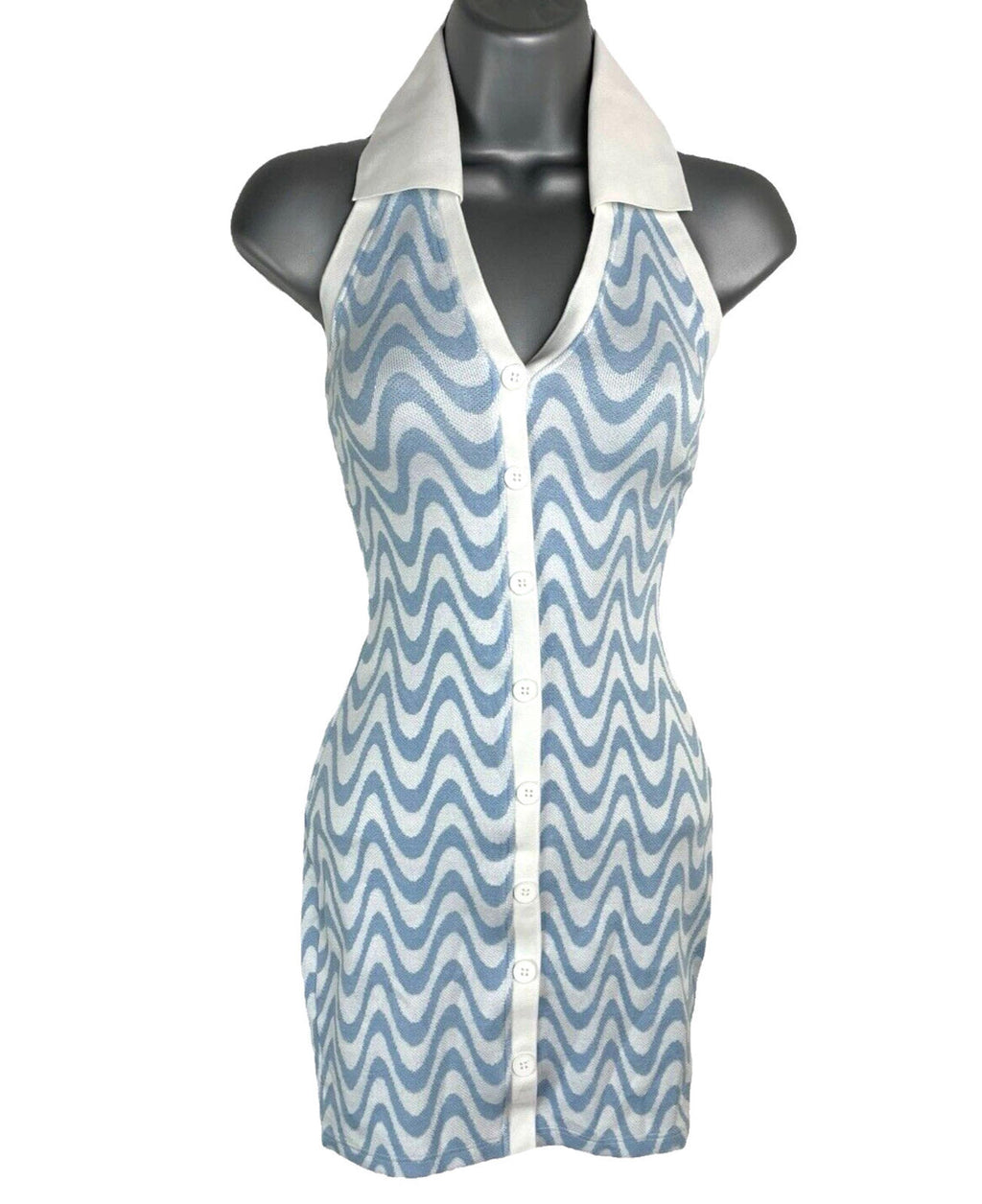 Divided Blue & White 70's Design Midi Dress Collared Women’s UK Size XXS
