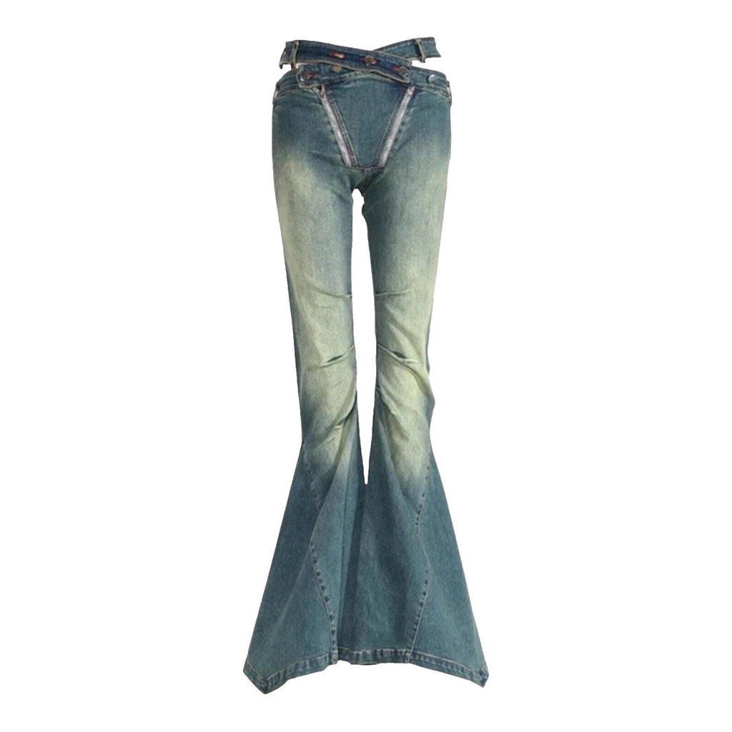 Flared Jeans Women's UK Size 8 Blue Denim Funky Double Zip Denim Distressed