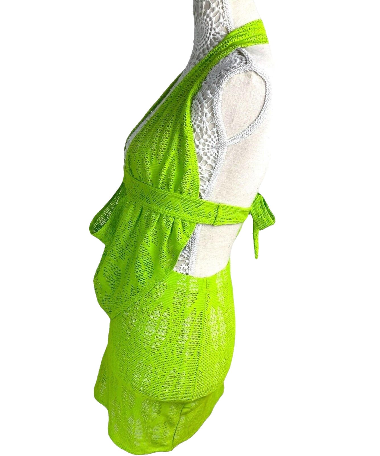 Lime Green Knit Mesh Skirt Co Ord Set Cowl Halter Neck Women’s UK Size 8