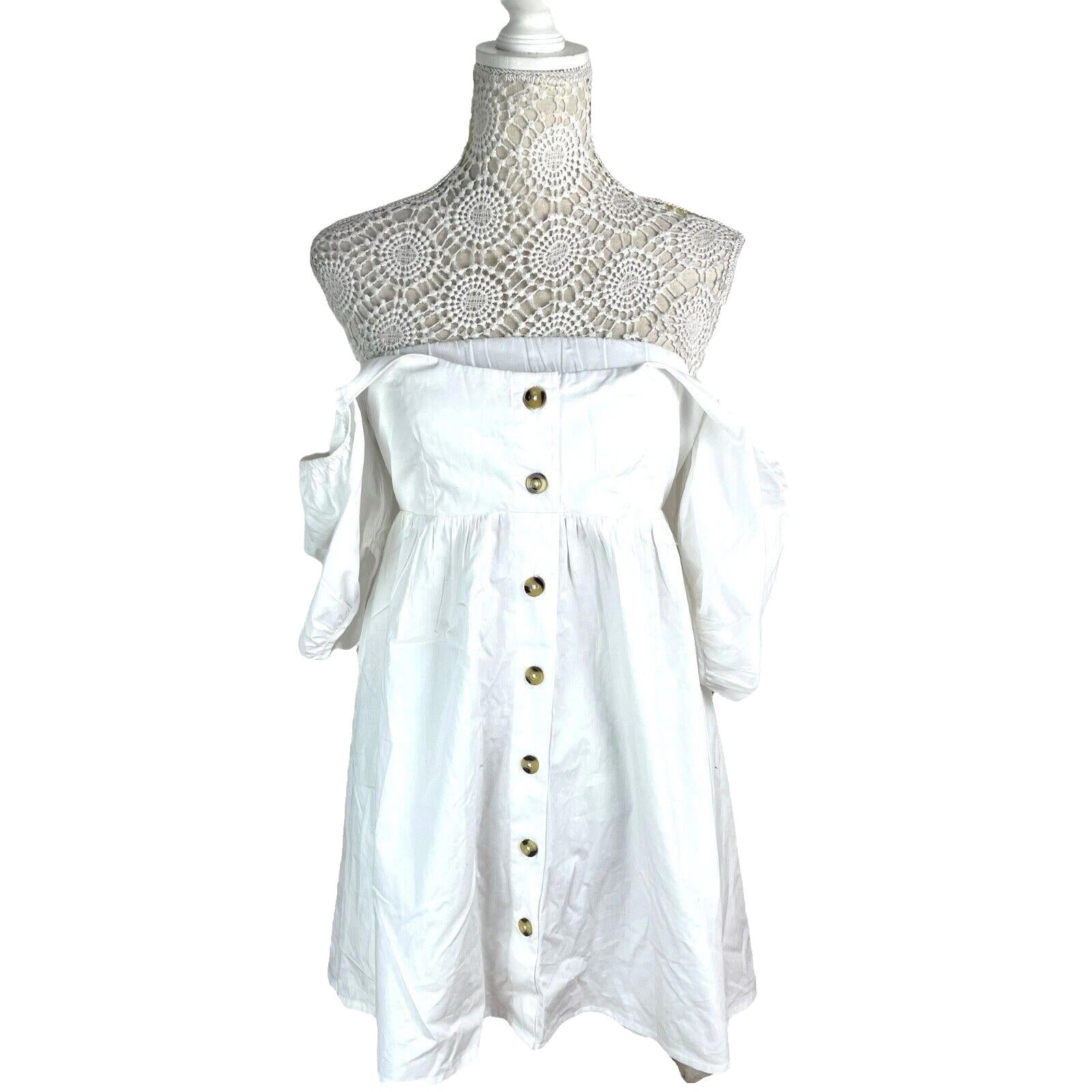 Off Shoulder Mini Dress Women's UK Size 8 White Short Sleeve Button Front Summer