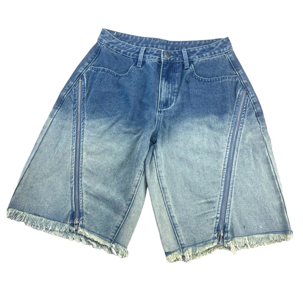 Long Denim Shorts Zipped Front Design Faded Denim Women’s UK 8