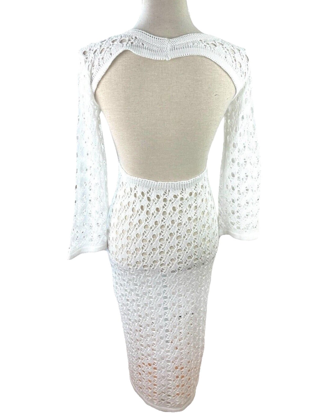 Crochet Knit Maxi Dress Women’s UK Size 8 Backless White Long Sleeve Bodycon