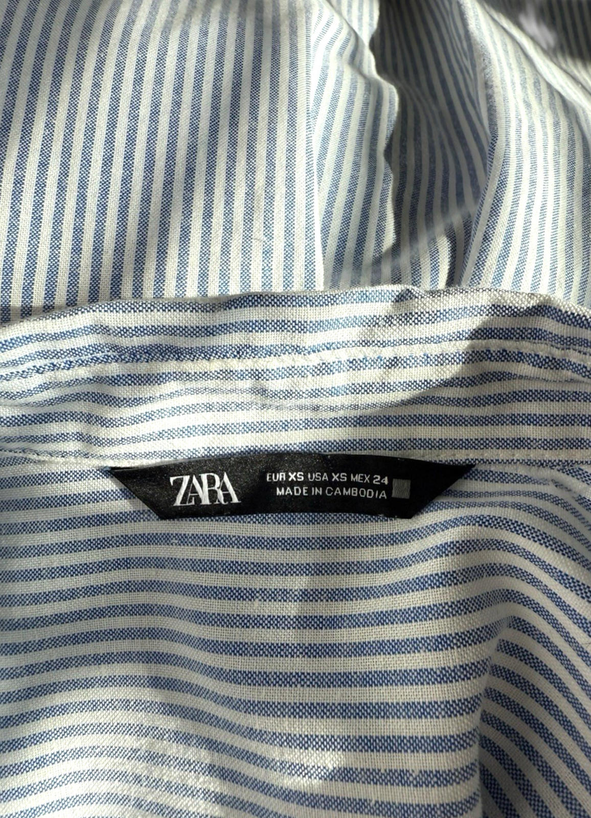 Zara Blue Stripe Shirt Blouse Collared Long Sleeve Distressed Womens UK Size S