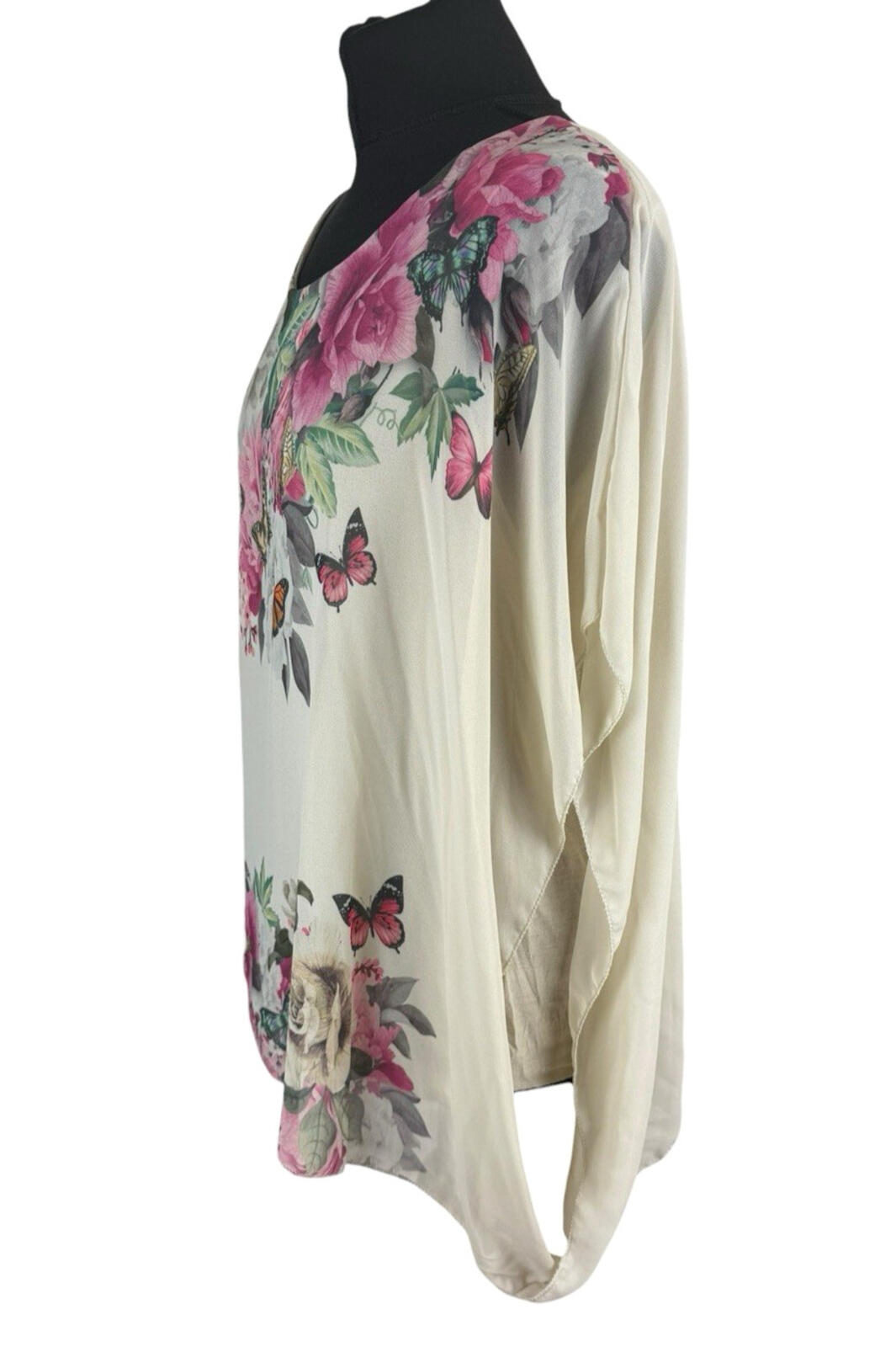 Floral Smock Blouse Top Women’s UK Size L Chiffon Relaxed Fit Lined Floral Beige