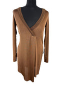 Zara Long Sleeve Tunic Top Women’s UK Size S Side Slit Brown Fine Stripe V-Neck