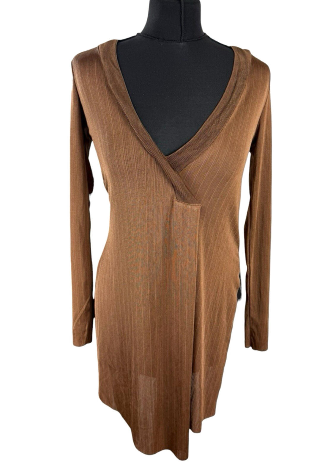Zara Long Sleeve Tunic Top Women’s UK Size S Side Slit Brown Fine Stripe V-Neck