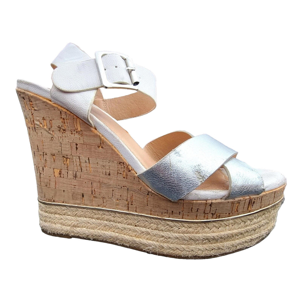 VERY Wedge Sandals Shoes Silver Metallic Espadrille Trim Women's UK Size 6