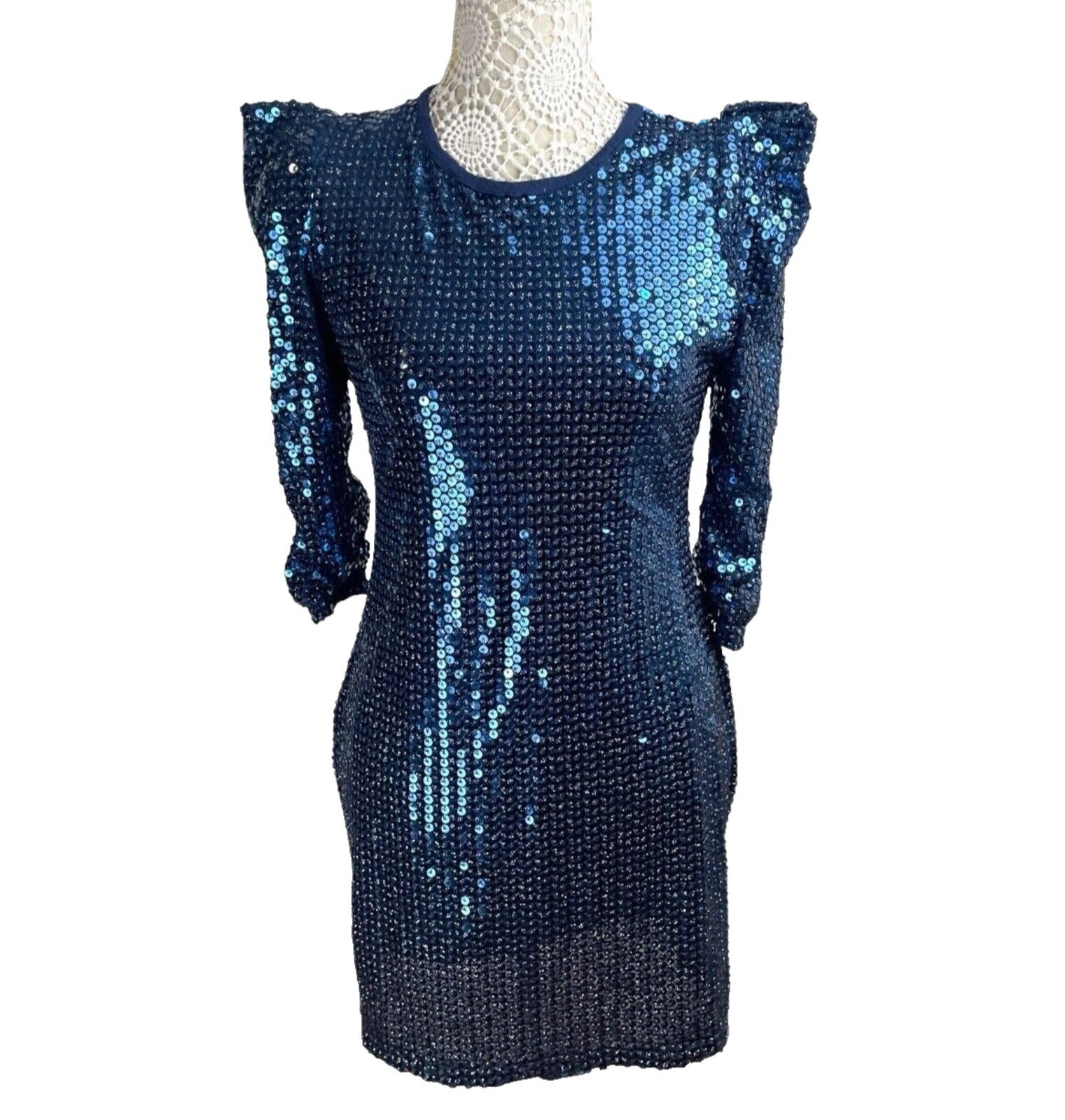 Glamorous Mini Dress Navy Blue Sequin Puff Sleeve Women’s UK Size 10