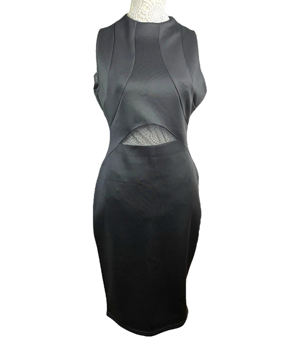 River Island Black Midi Dress Mesh Panel Detail High Neck Women’s UK Size 12