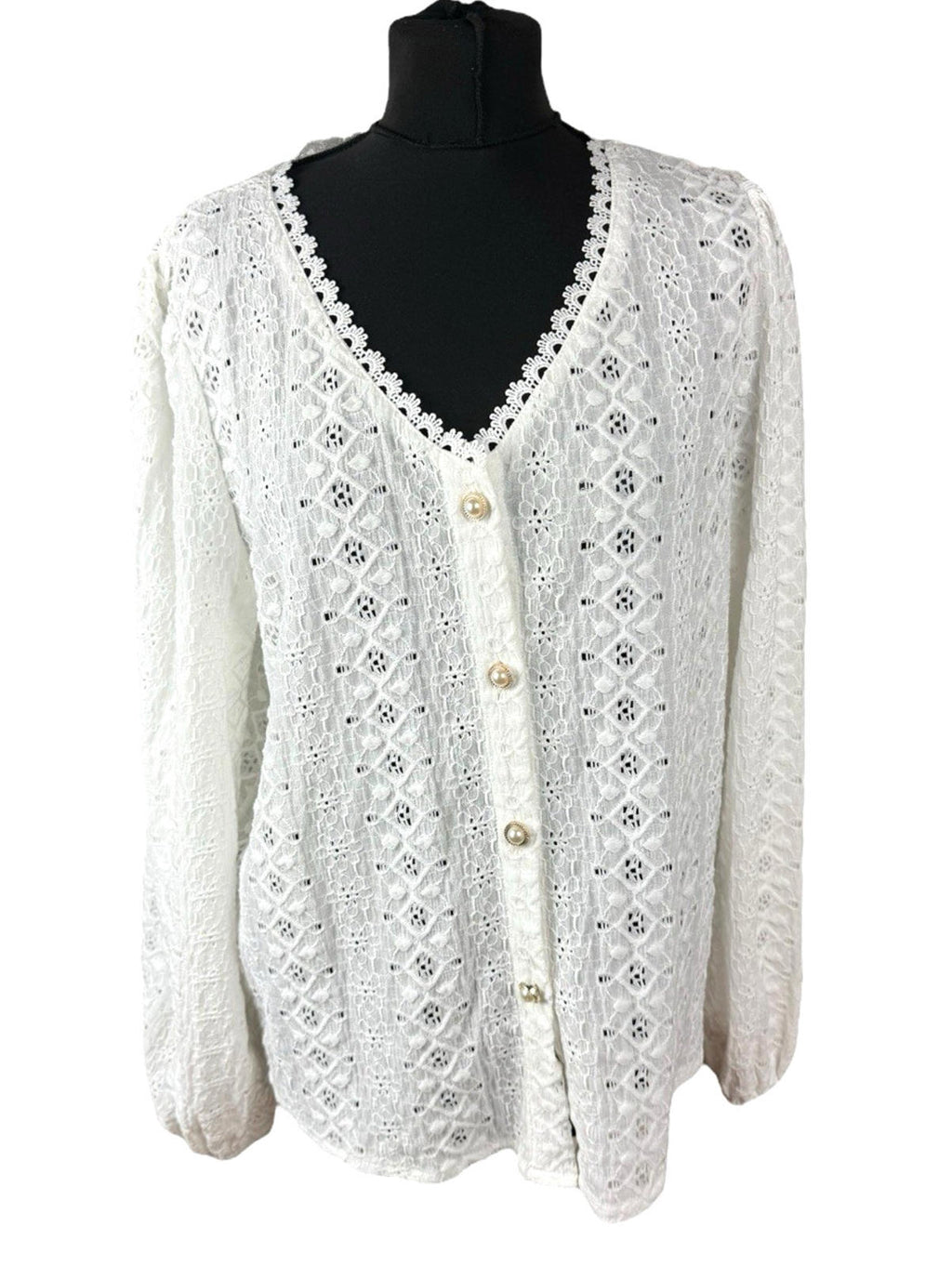 Shein Lace Cardigan Blouse Women’s UK Size XL White Pearl Button V-Neck Crochet
