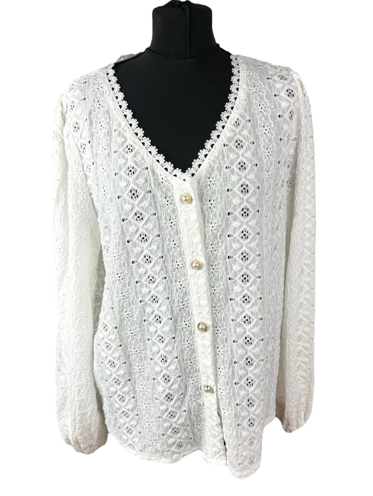 Shein Lace Cardigan Blouse Women’s UK Size XL White Pearl Button V-Neck Crochet