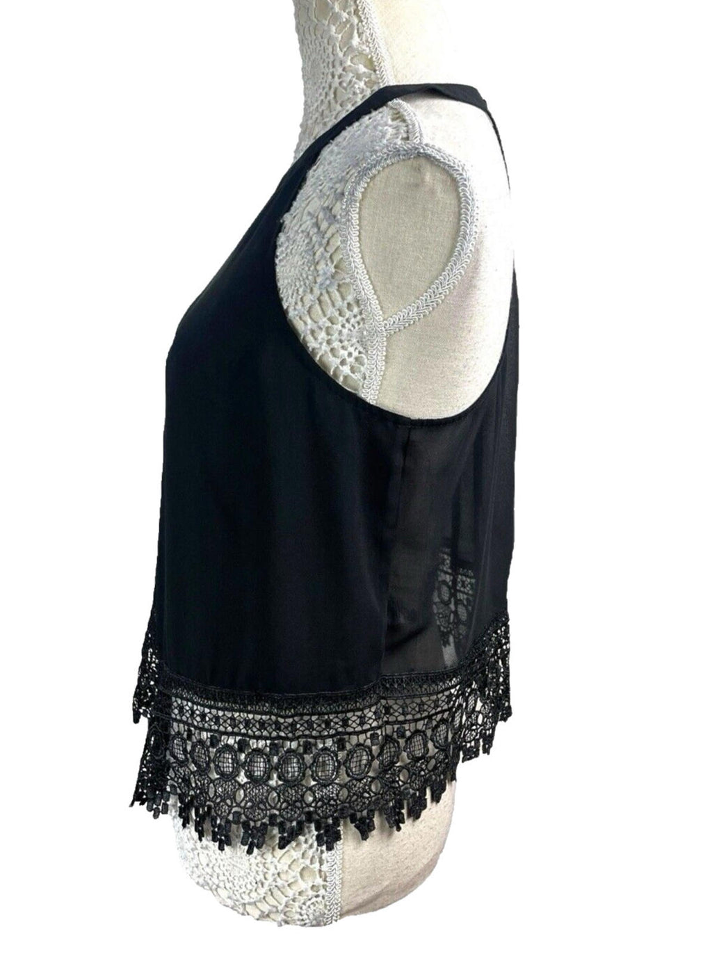Crochet Hem High Neck Chiffon Tank Women’s UK Size 12 Black Halter Sleeveless