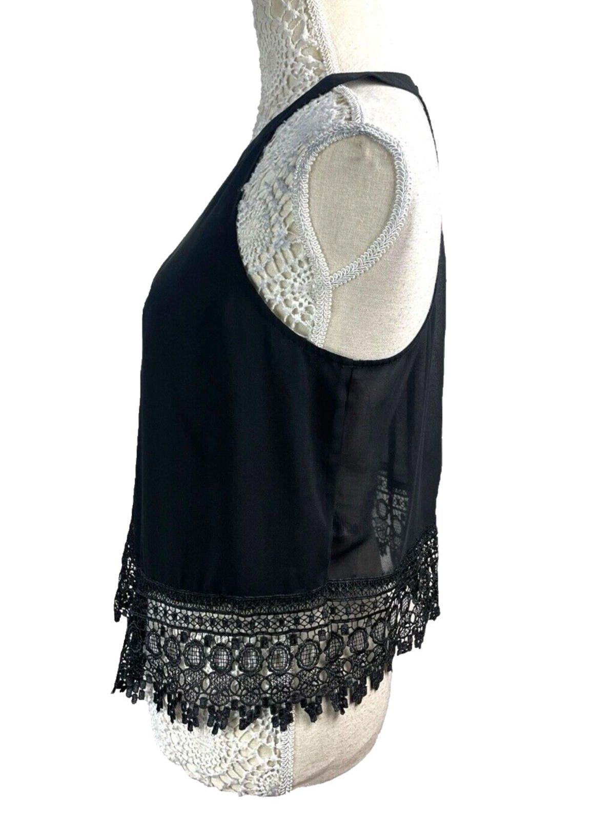Crochet Hem High Neck Chiffon Tank Women’s UK Size 12 Black Halter Sleeveless