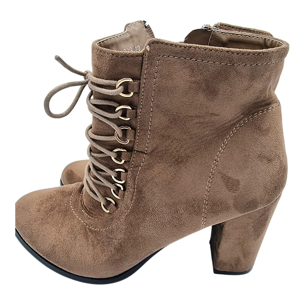 Laura Mode Beige Suede Lace Up Ankle Boots Women's UK Size 6.5 Block Heel Zip