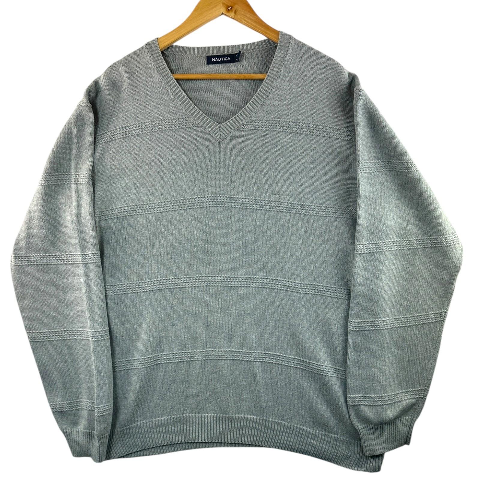 Nautica Knit Jumper Men's UK Size XL Grey Stripe Long Sleeve 100% Cotton Sweater