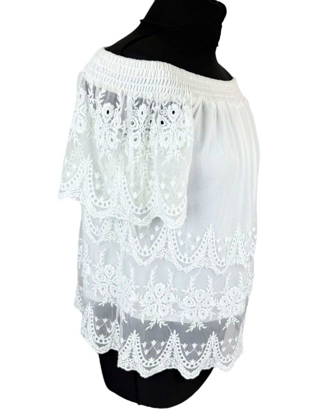 New Look Off Shoulder Blouse Women’s UK Size 10 White Lace Trim Shirred Bardot