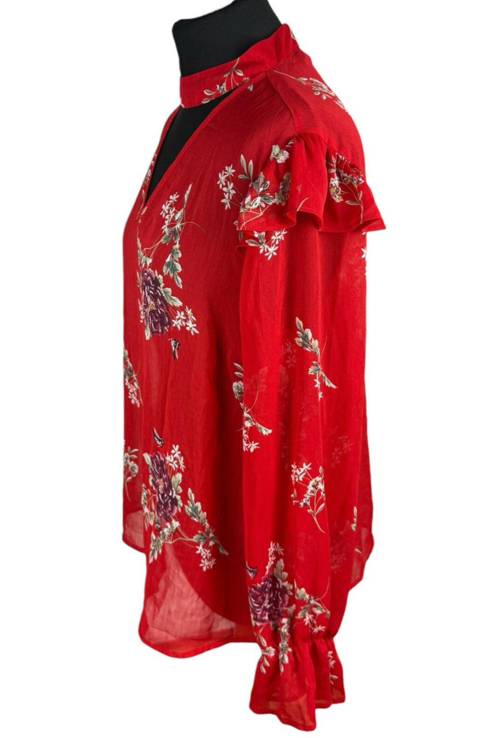 Primark Floral Blouse Women’s UK Size 14 Long Sleeve Ruffled Cuffs Choker Neck