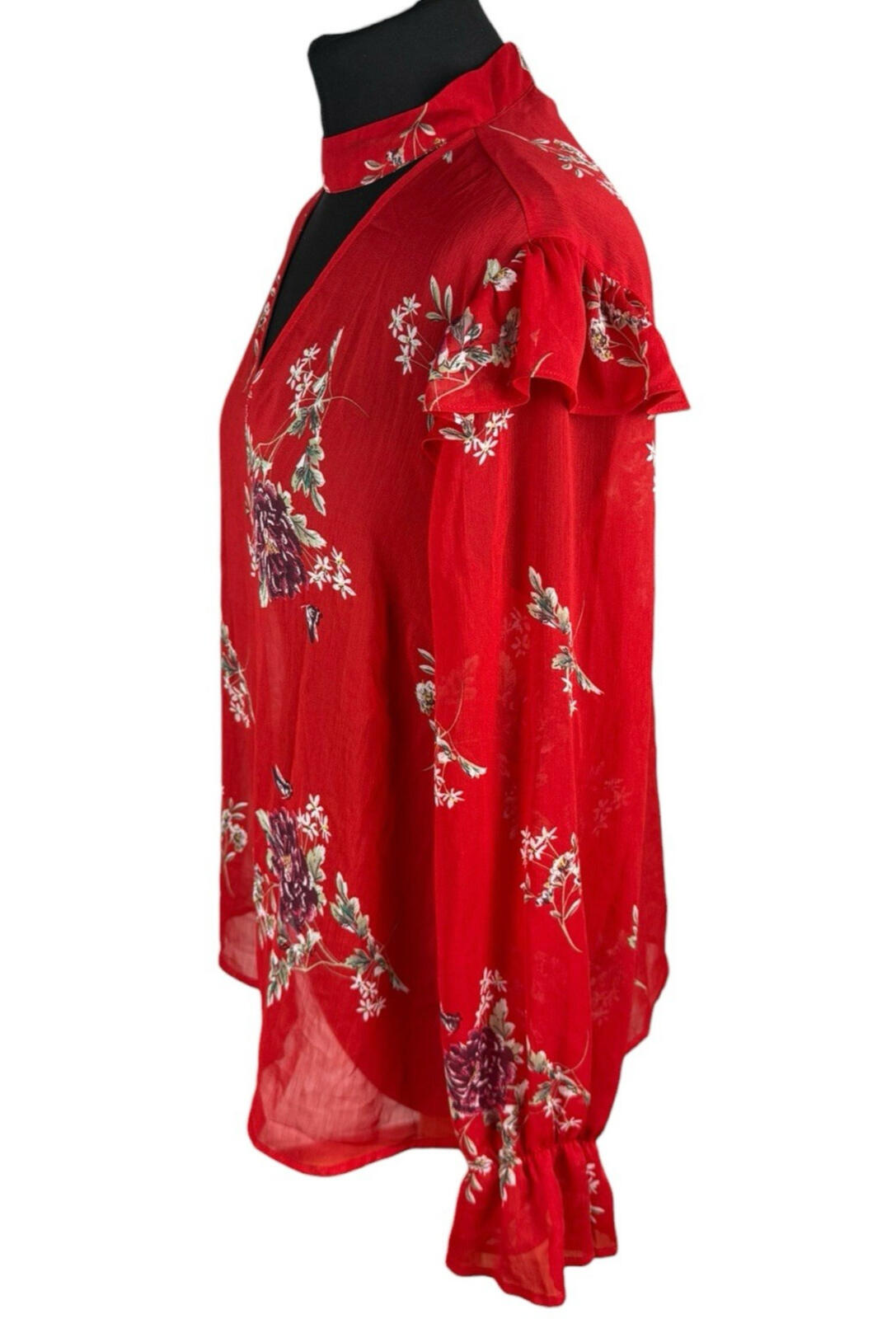 Primark Floral Blouse Women’s UK Size 14 Long Sleeve Ruffled Cuffs Choker Neck