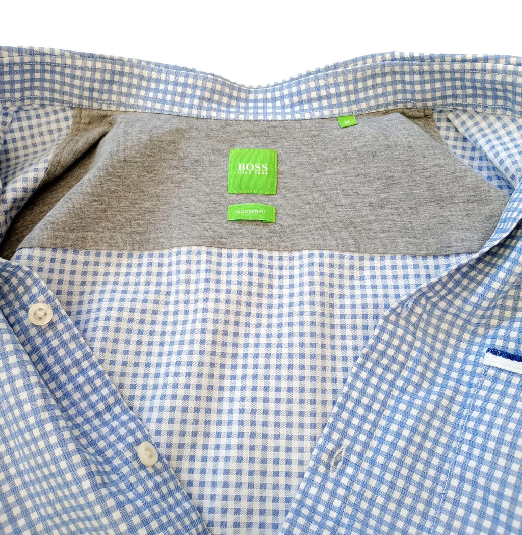 Hugo Boss Shirt Men's UK Size M Long Sleeve Blue Check 100% Cotton Pocket Modern