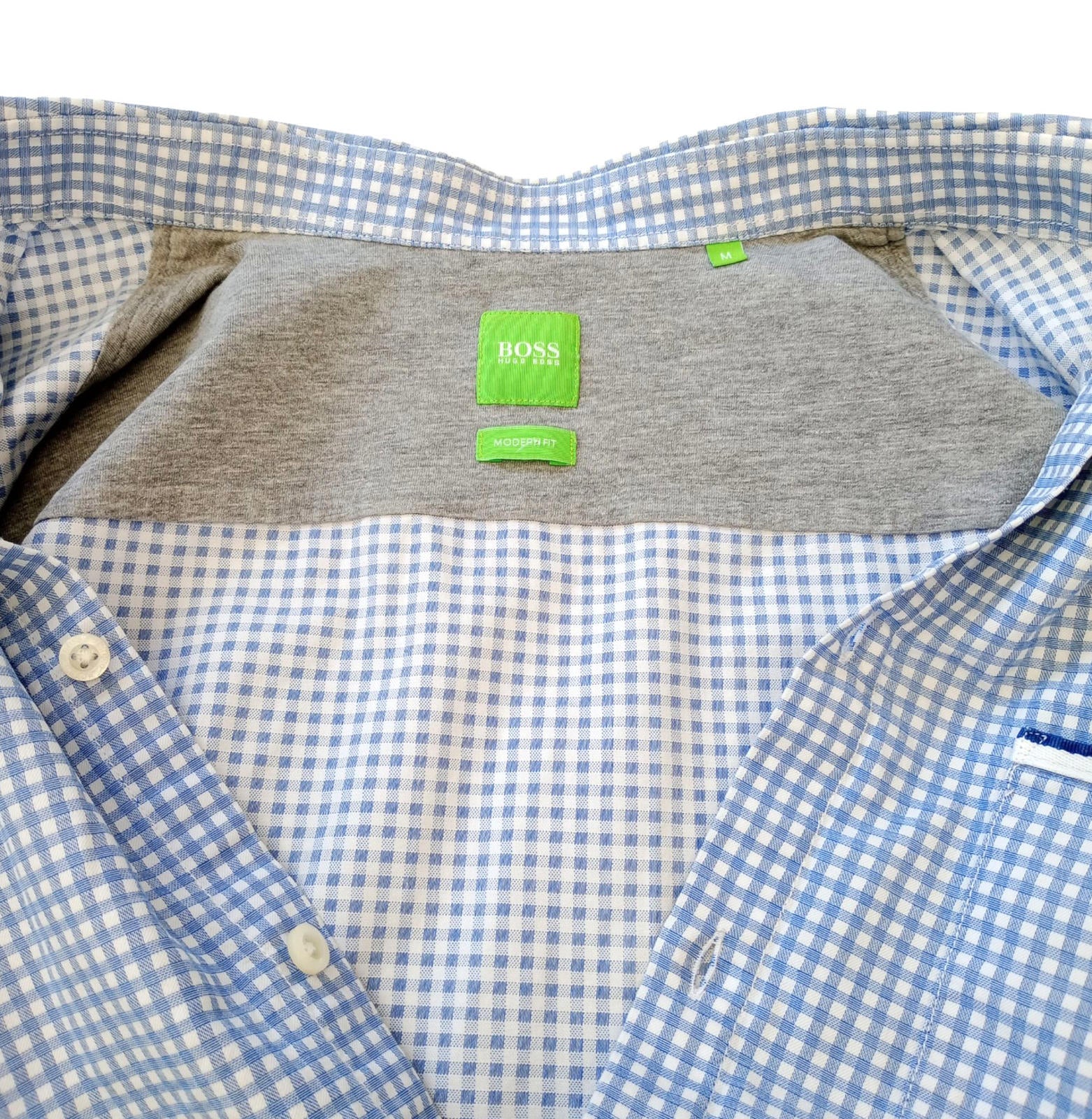 Hugo Boss Shirt Men's UK Size M Long Sleeve Blue Check 100% Cotton Pocket Modern