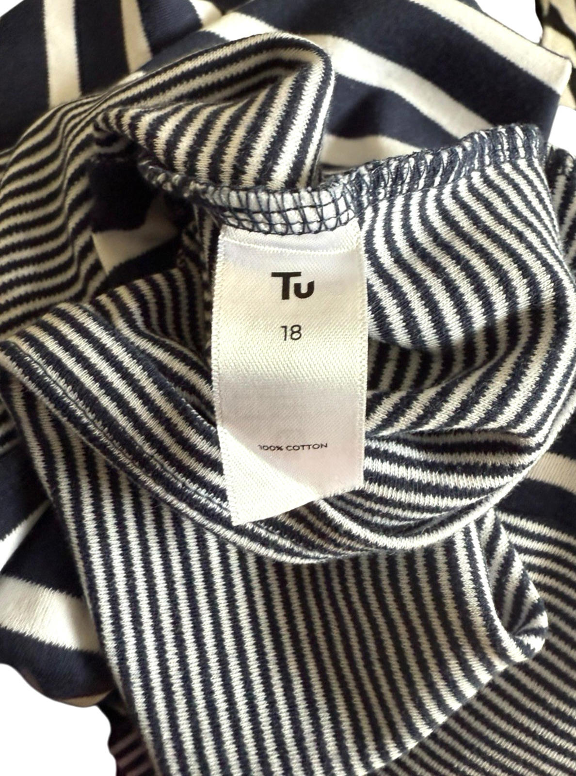 TU Navy Stripe Nautical T-Shirt Front Pocket 100% Cotton Women’s UK Size 18