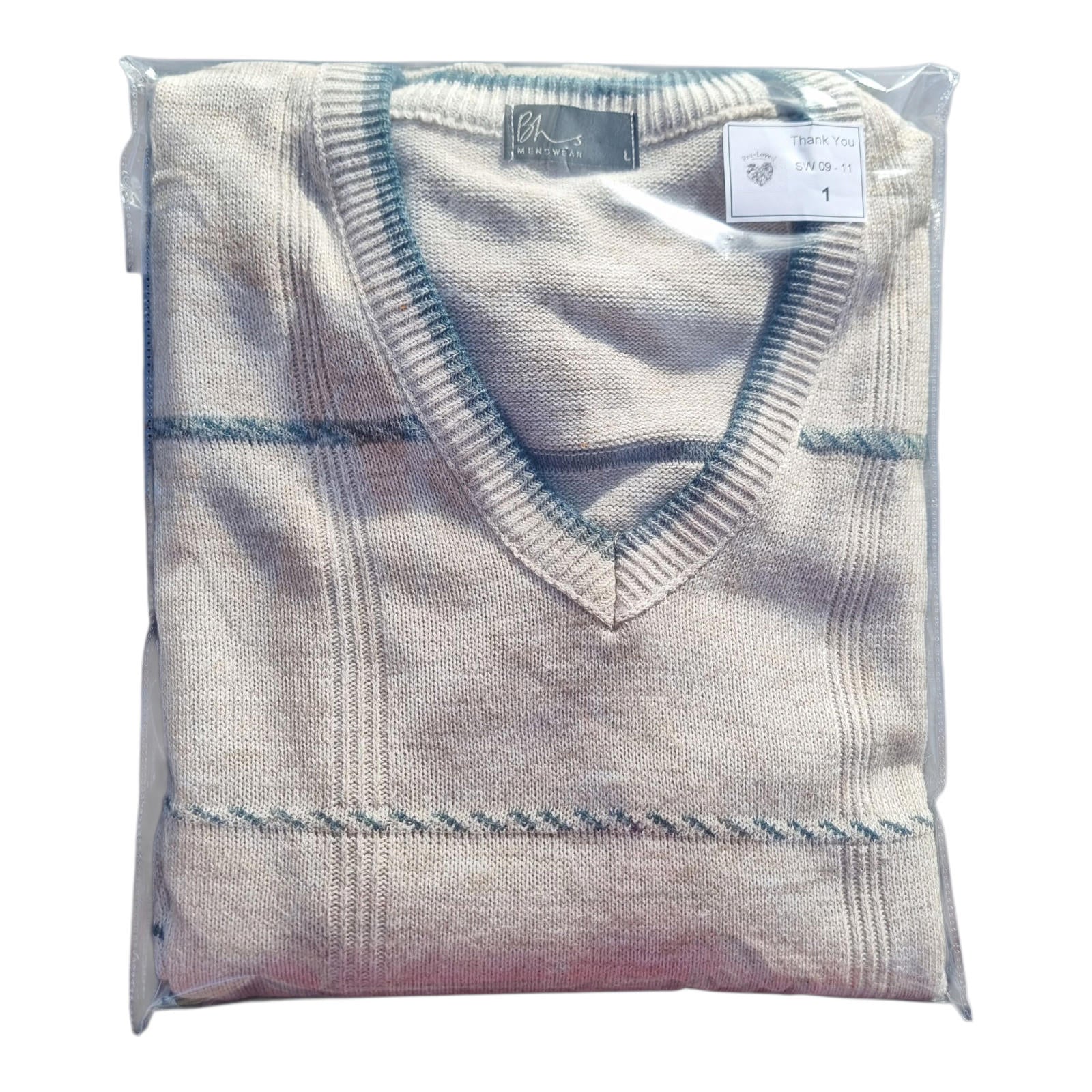 BHS Knit Jumper Men's UK Size L Beige Striped 100% Acrilic V-Neck