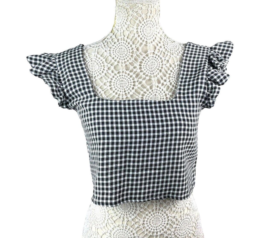 Gingham Ruffle Sleeve Square Neck Blouse Women’s UK Size 8 Cropped Black & White