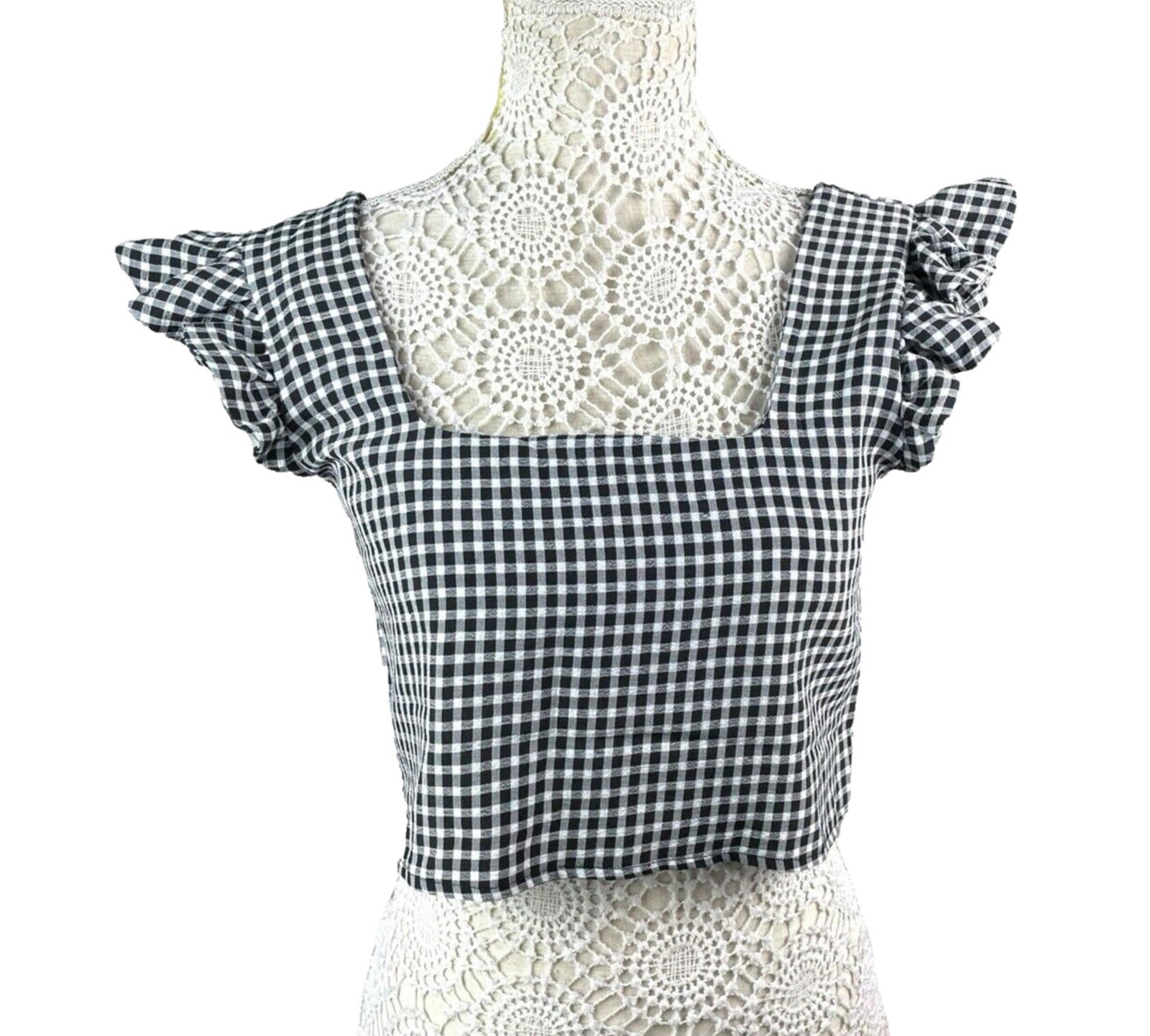 Gingham Ruffle Sleeve Square Neck Blouse Women’s UK Size 8 Cropped Black & White