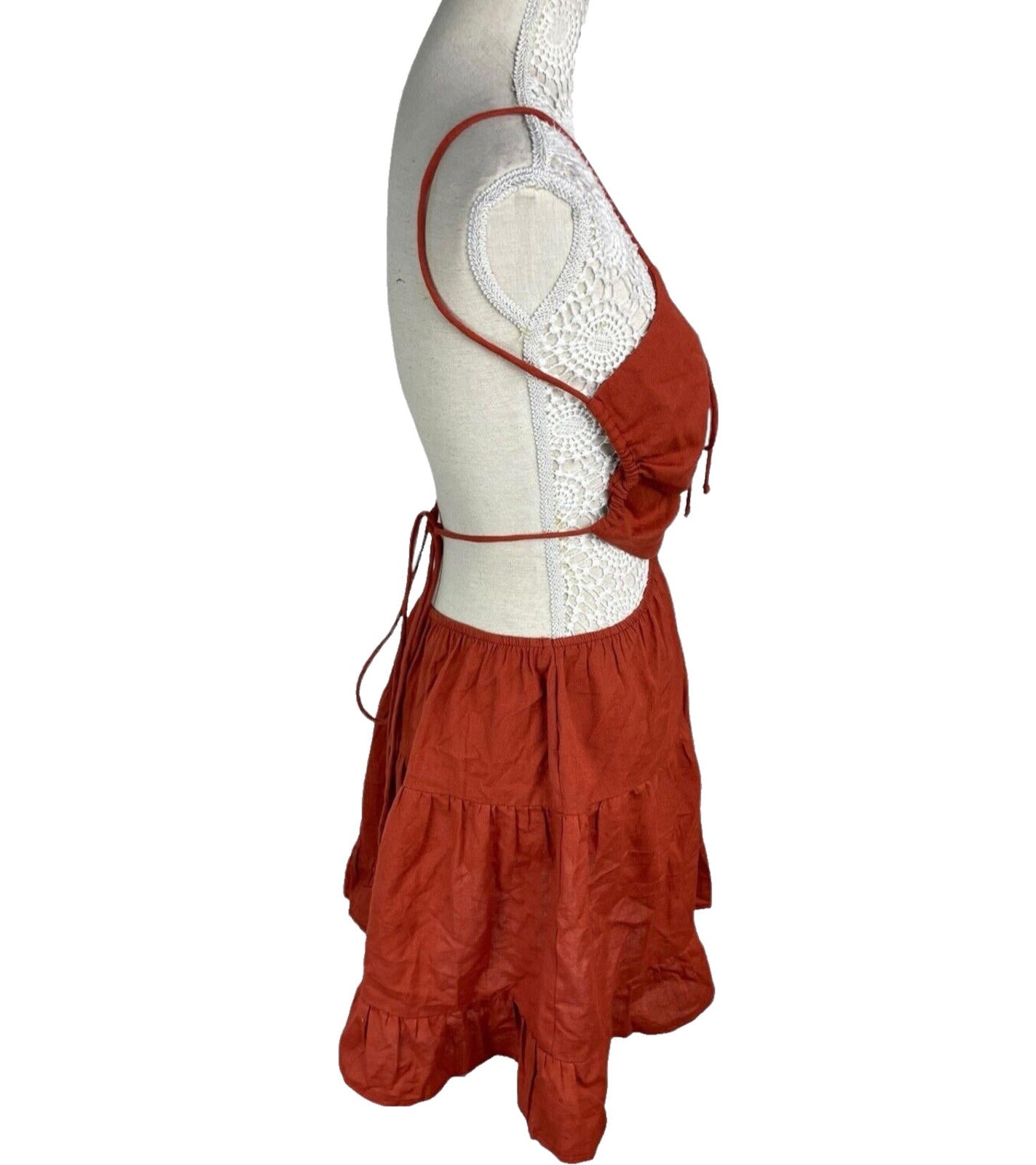 Rust-Colored Mini Dress Women’s UK Size 8 Tie Front Cut Out Waist Ruffled Skirt