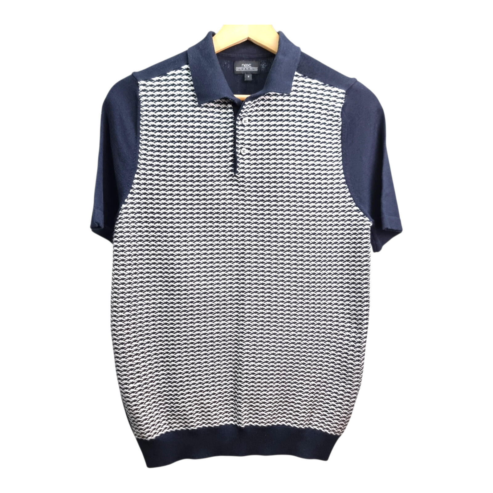 Next Knit Polo Shirt Men's UK Size M Blue Textured Short Sleeve 100% Cotton