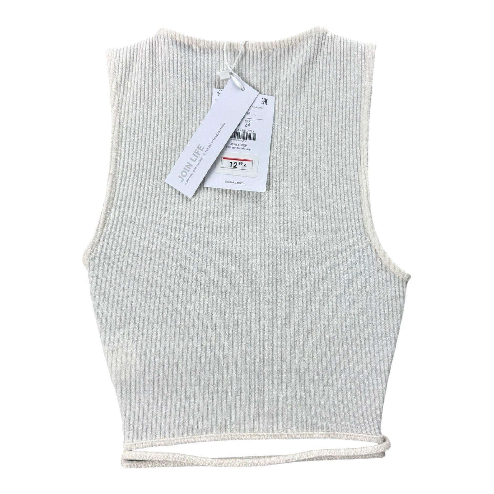 Bershka Cream Ribbed Crop Top Ribbed Tie Front Women’s UK Size XS