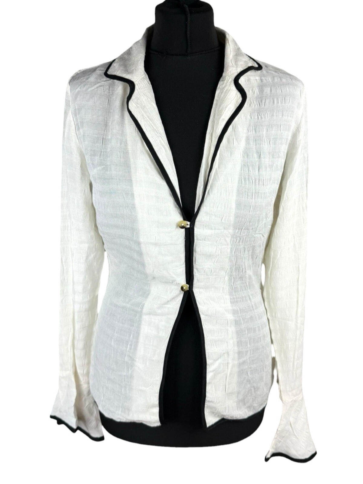 Linen Blazer Blouse Top Women’s UK Size S Flared Sleeves Ivory & Black Piping