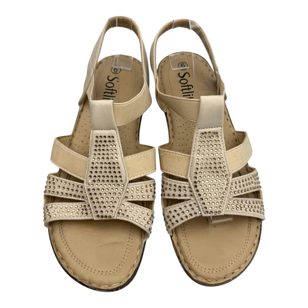 Softlites Sandals Elasticated Diamante Low Heel Cushioned Gladiator Beige Gold